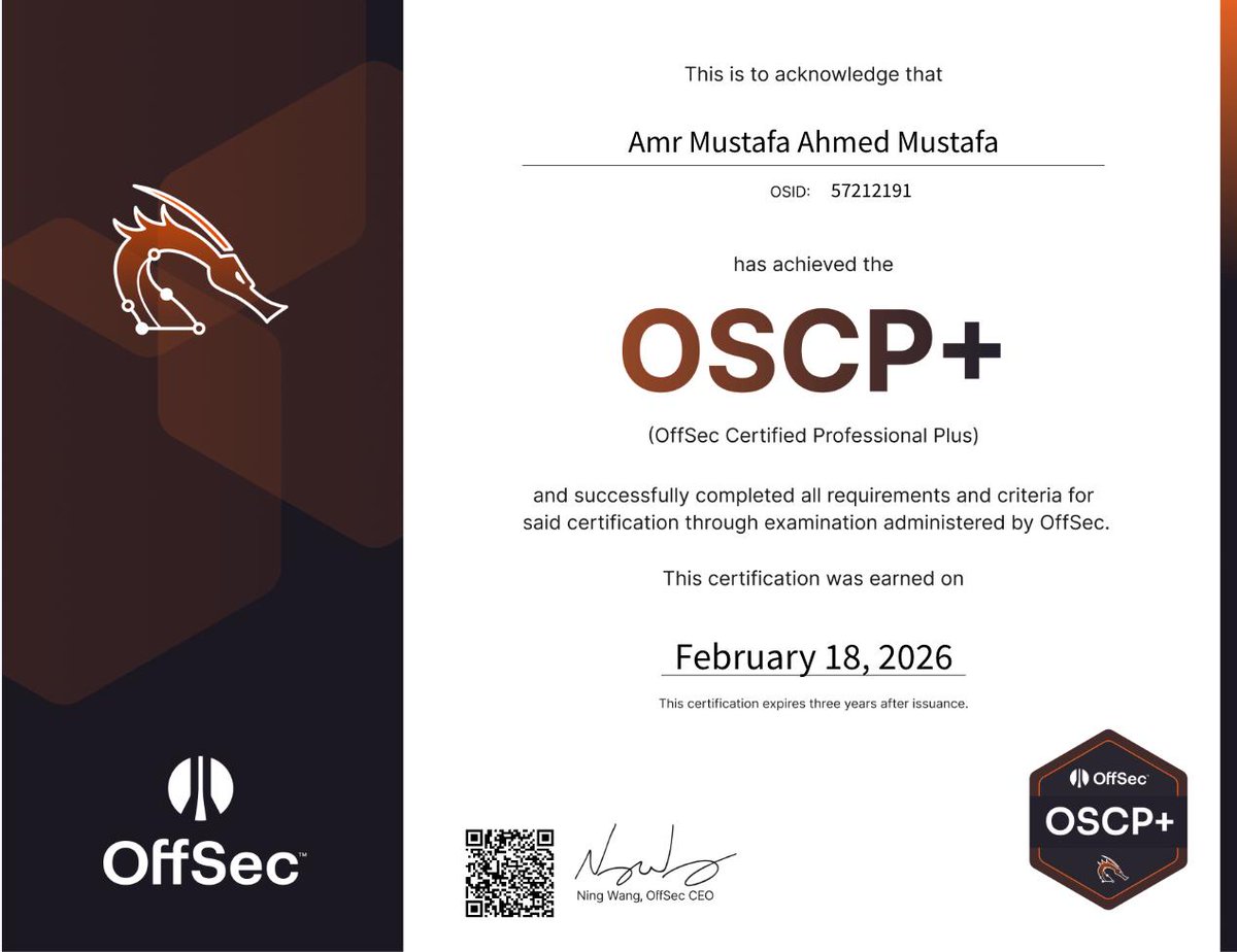 Amr_MustafaAA's tweet photo. I am pleased to share that I have officially passed the @offsectraining OSCP and earned the OSCP+ designation.

​#OSCP #OSCPPlus #OffSec #CyberSecurity #Pentesting https://t.co/q0X47sKjJF