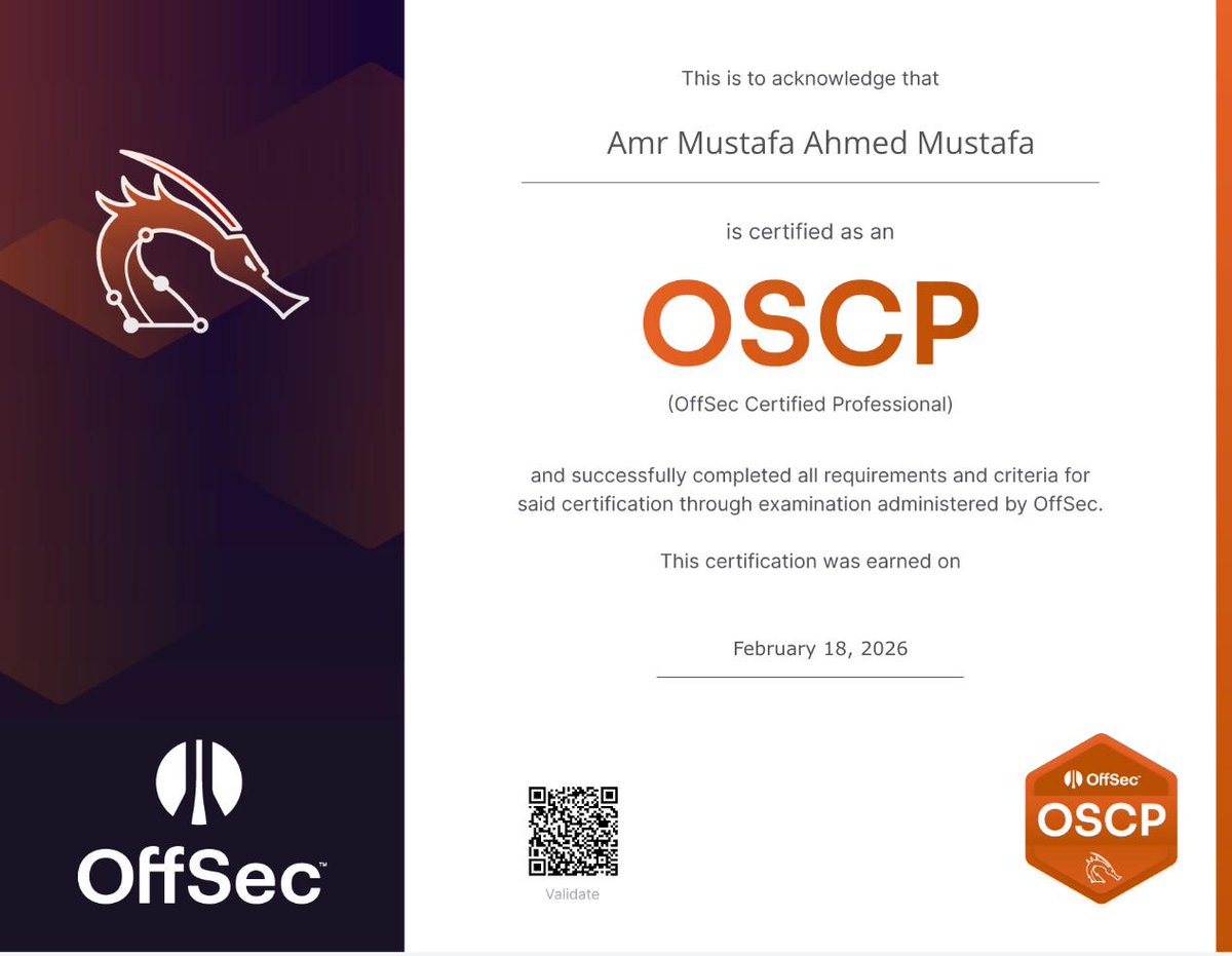 Amr_MustafaAA's tweet photo. I am pleased to share that I have officially passed the @offsectraining OSCP and earned the OSCP+ designation.

​#OSCP #OSCPPlus #OffSec #CyberSecurity #Pentesting https://t.co/q0X47sKjJF