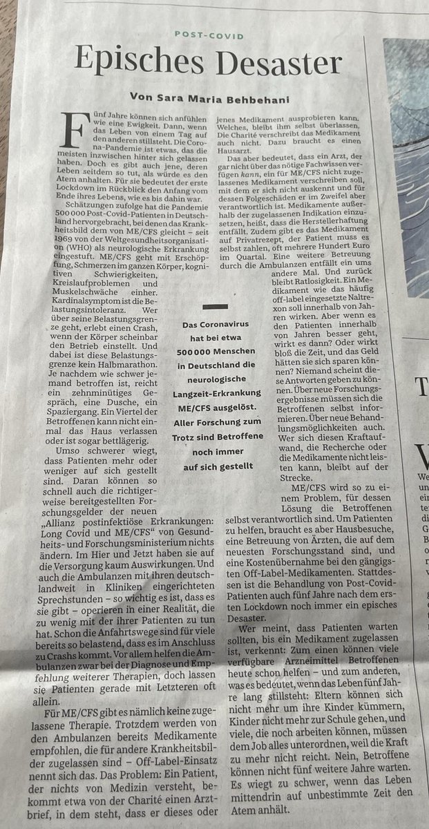 1/2 Episches Desaster
Heute erschien ja so ein 'toller Artikel'  (nicht zynisch gemeint) in der Süddeutschen über die fehlende Versorgung mit der Überschrift "Episches Desaster" .... dort hieß es "Aller Forschung zum Trotz sind Betroffene noch immer auf sich gestellt" #PostCovid