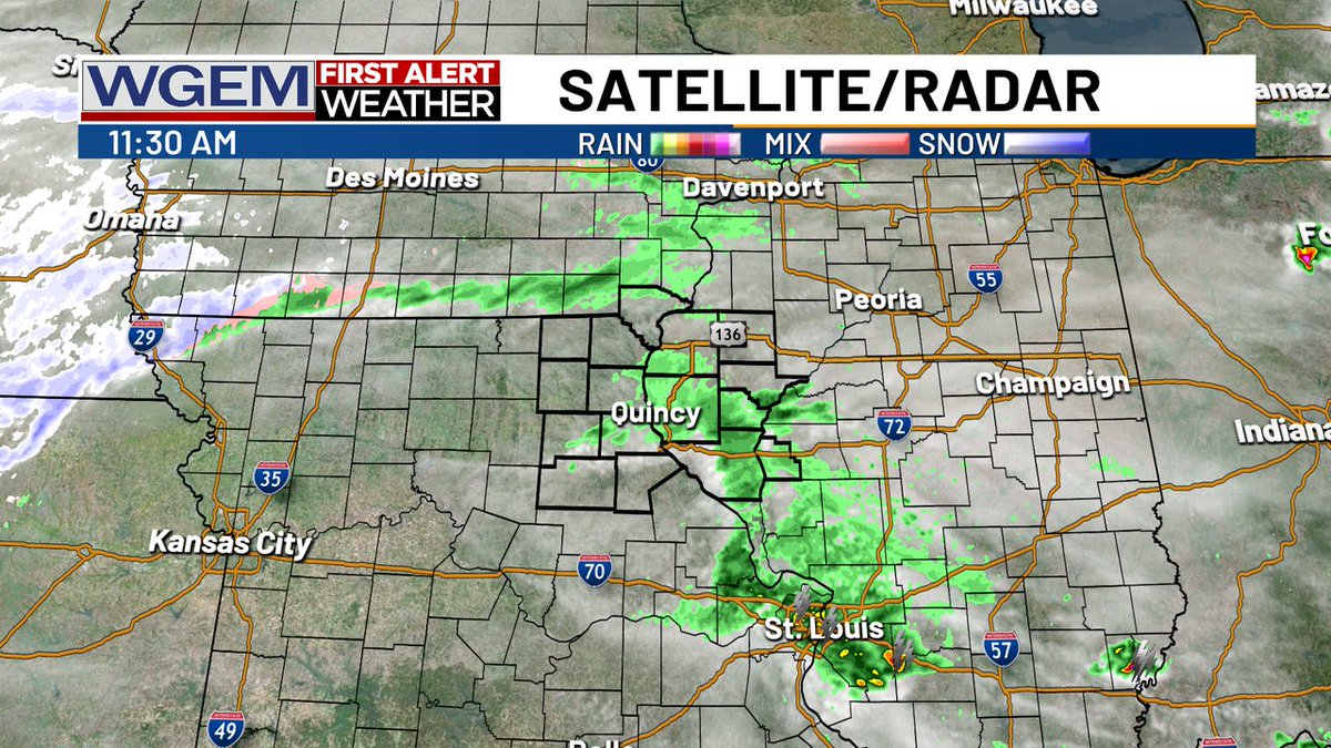 11:45am Radar: Much of this morning's rain has struggled reaching the surface, but now that dew points are rising, some rain drops are finally reaching the ground. wgem.com/weather #rain