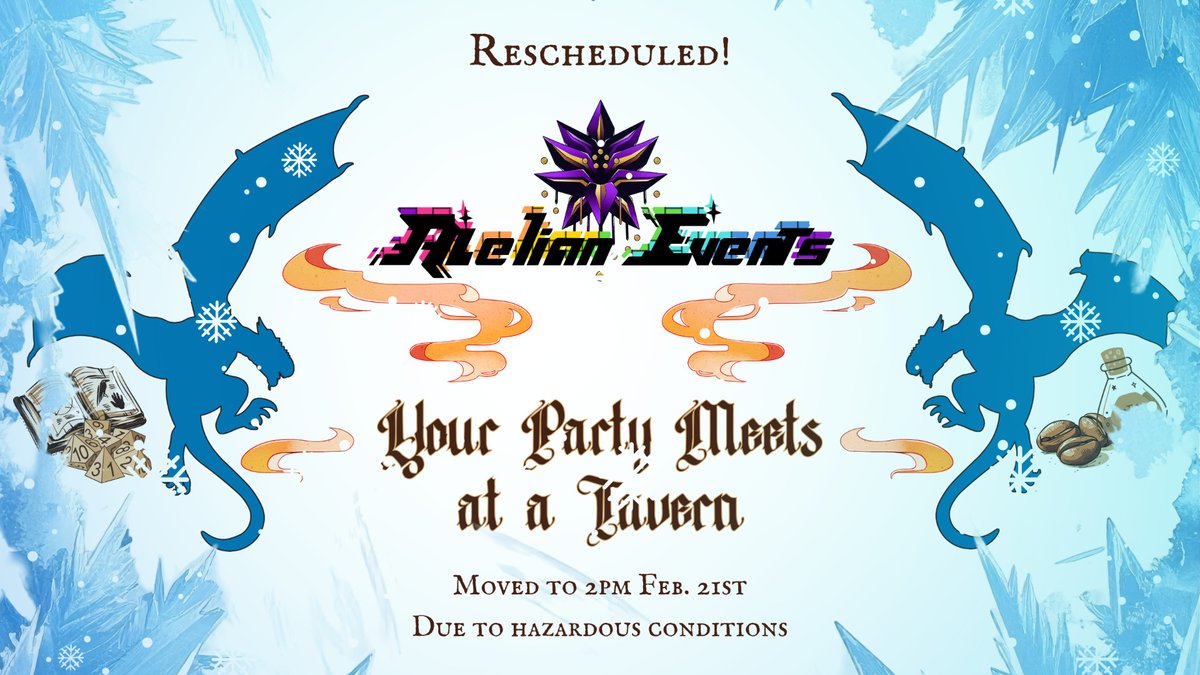 ❄️WINTER STORM❄️

🧊Frost Dragons have descended on Omaha to wreak havoc!

🌩️Due to the impending winter storm warning and the sudden weather shift, our next installment of Your Party Meets at a Tavern has been shifted to this Saturday, starting at 2pm!

#furry #dnd #weather