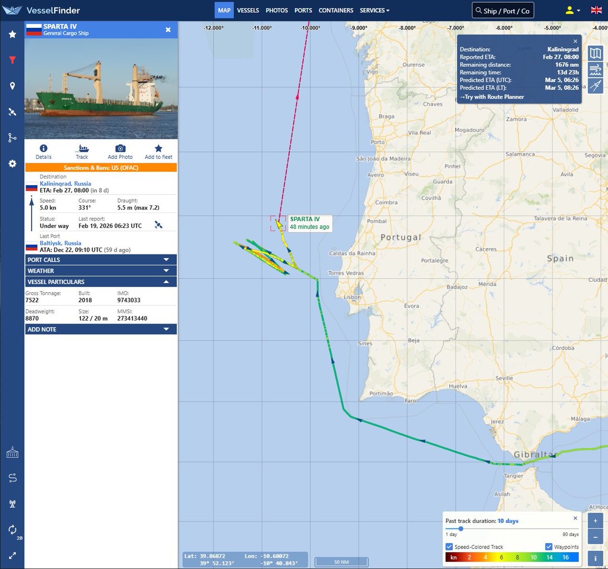 Desde o início da terceira semana de Fevereiro de 2026, meios aeronavais das Forças Armadas Portuguesas acompanham o navio cargueiro Sparta IV (IMO 9743033), detido pelo Ministério da Defesa da Federação Russa, ao largo da costa continental de Portugal, em águas não territoriais