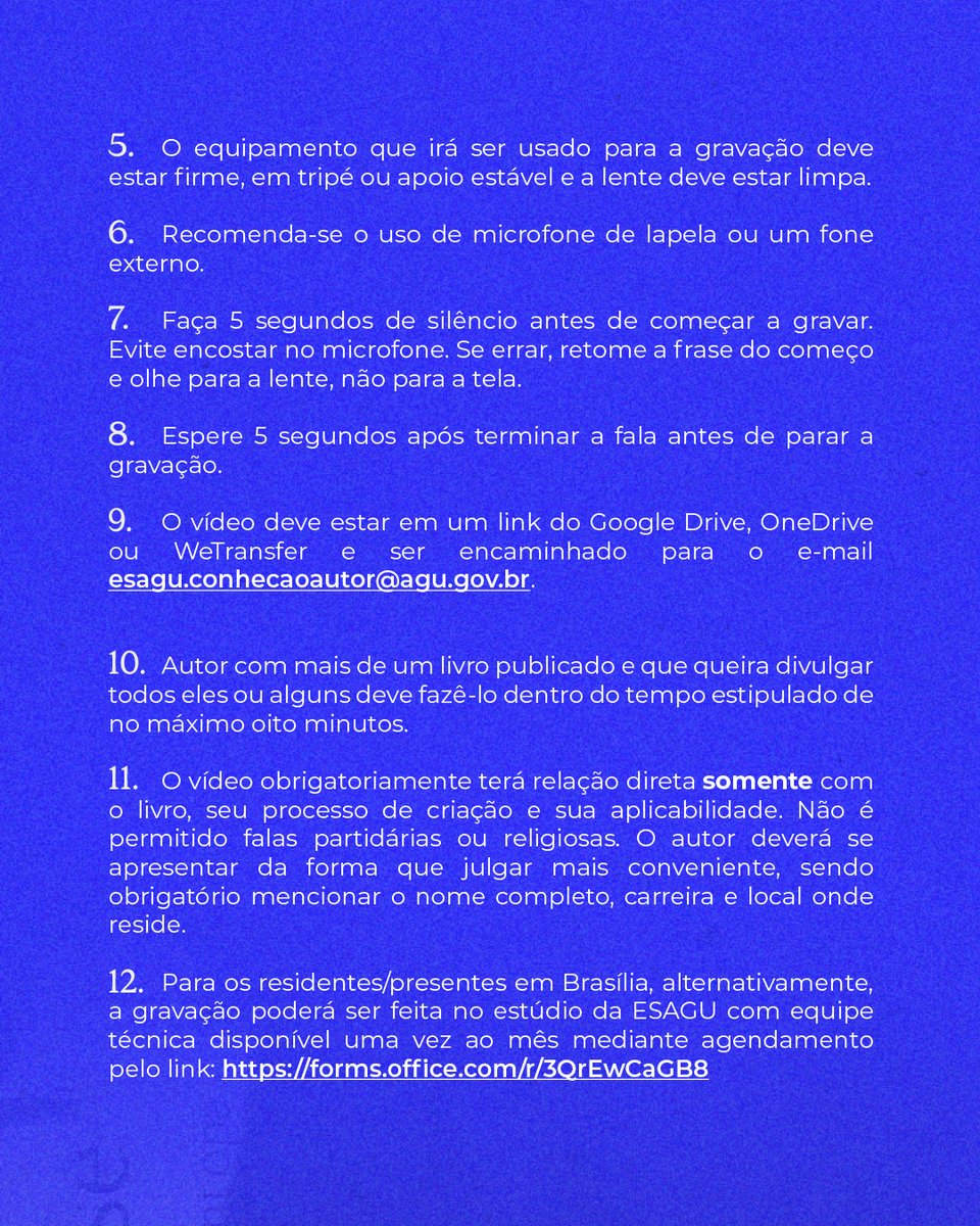 DIVULGUE SEU LIVRO NA ESAGU! 📚

A Escola Superior da AGU convida membros e servidores para o quadro “Conheça o Autor”.

Tem livro publicado? Grave um vídeo conforme as orientações do card e participe!

📩 Envie para: esagu.conhecaoautor@agu.gov.br