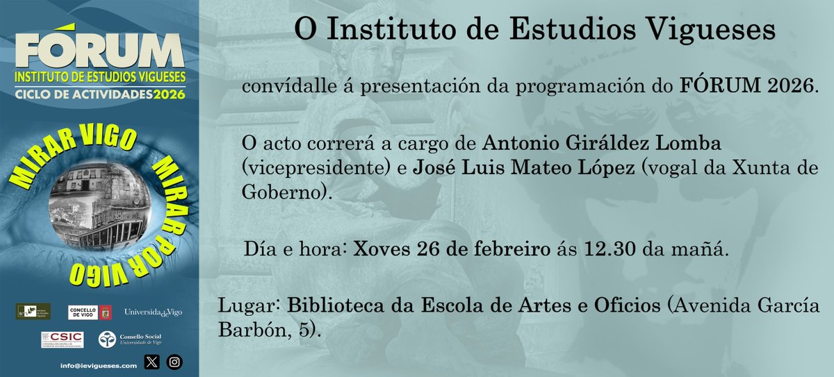 IEVigueses's tweet photo. El próximo jueves, 26 de febrero a las 12:30h, inauguramos en la biblioteca de la Escuela de Artes y Oficios #EMAO, el ciclo de actividades del #FÓRUM2026.
¡¡¡Os esperamos!!! https://t.co/1gCSafTgLk