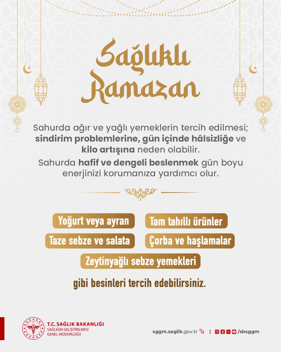 Ramazan ayında sağlığınızı korumak için sahurda doğru ve dengeli beslenmeye özen gösterin.

#SağlıklıTürkiyeYüzyılı
#SağlığıGeliştirenTürkiye 
#Ramazan 
#SağlıklıRamazan