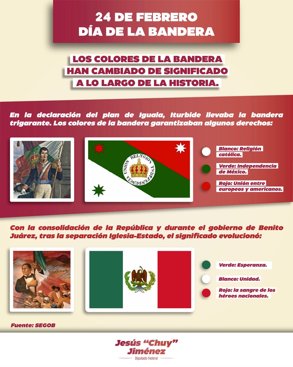 La Bandera de México es símbolo de unidad, identidad y soberanía.
Sus colores han representado los ideales y transformaciones de nuestra historia.
Hoy, en el #DíaDeLaBandera, recordamos que en ella también se cuenta la historia de nuestra nación. 🇲🇽