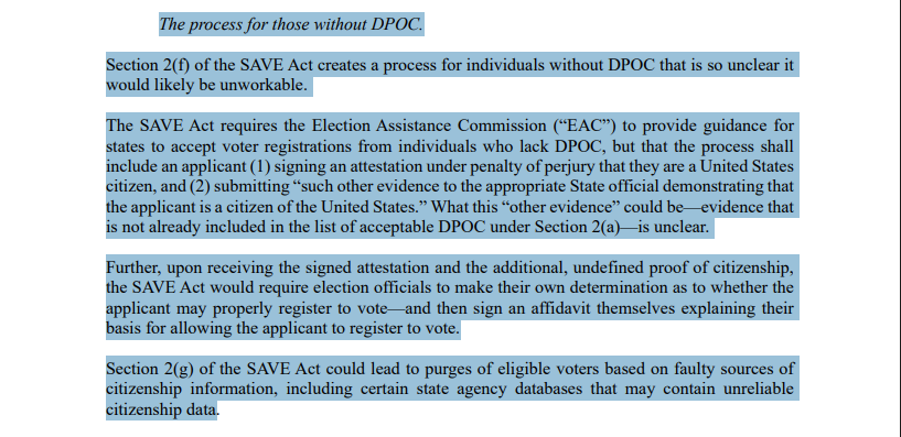 The Democrats keep lying about the SAVE Act, making it out to keep women from voting if they don't have proper documentation.

Republicans bent over backwards to prevent this with a provision allowing women to sign an affidavit under penalty of perjury stating who they are.