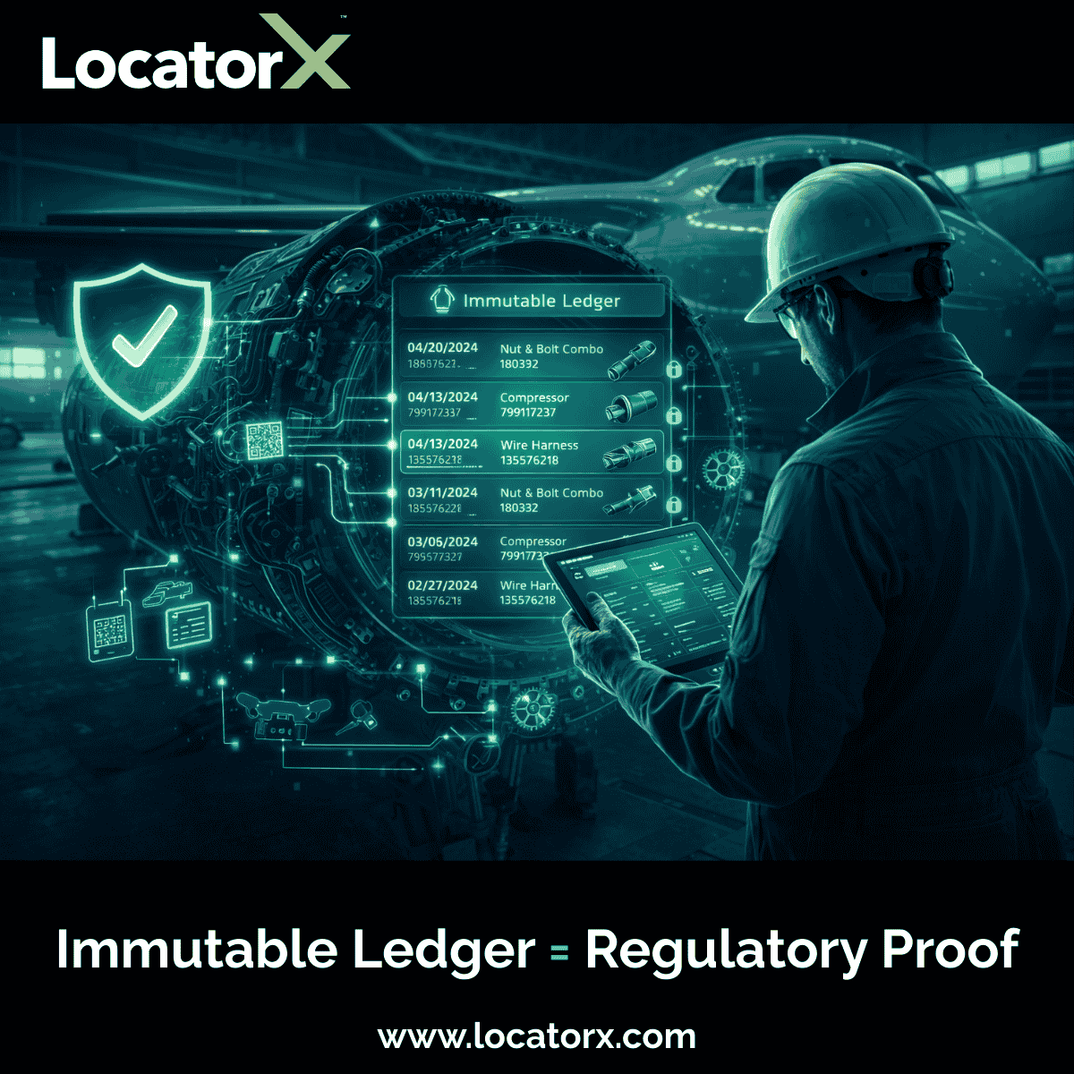 LocatorX's tweet photo. In MRO operations records are proof of airworthiness, compliance, and due diligence-not just documentation. 

How easily can you prove what work was performed, by whom, and when? Immutable records turn data into regulatory proof. >> https://t.co/bzeNUnQUgQ 

#MRO #Compliance https://t.co/mRr0oNrAmr