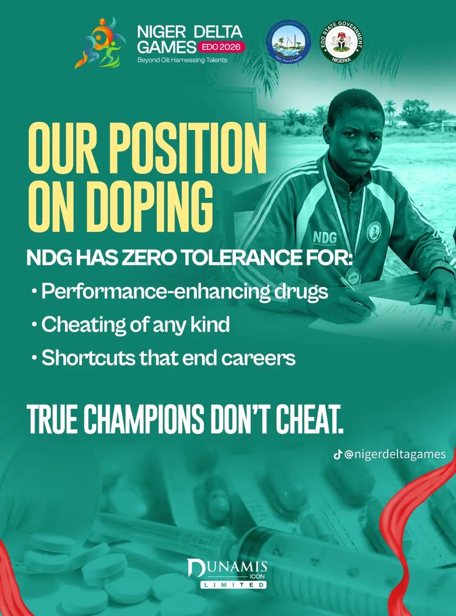 brostata1's tweet photo. At the Niger Delta Games | Edo 2026, we stand for more than medals and podium finishes.

We celebrate clean sport,
We uphold fair competition,

Because greatness is not just about victory…

Play fair. Compete with pride. Win with honour. 🏆
@nigerdeltasf  @NDDCOnline https://t.co/Ew54TNE6Rn