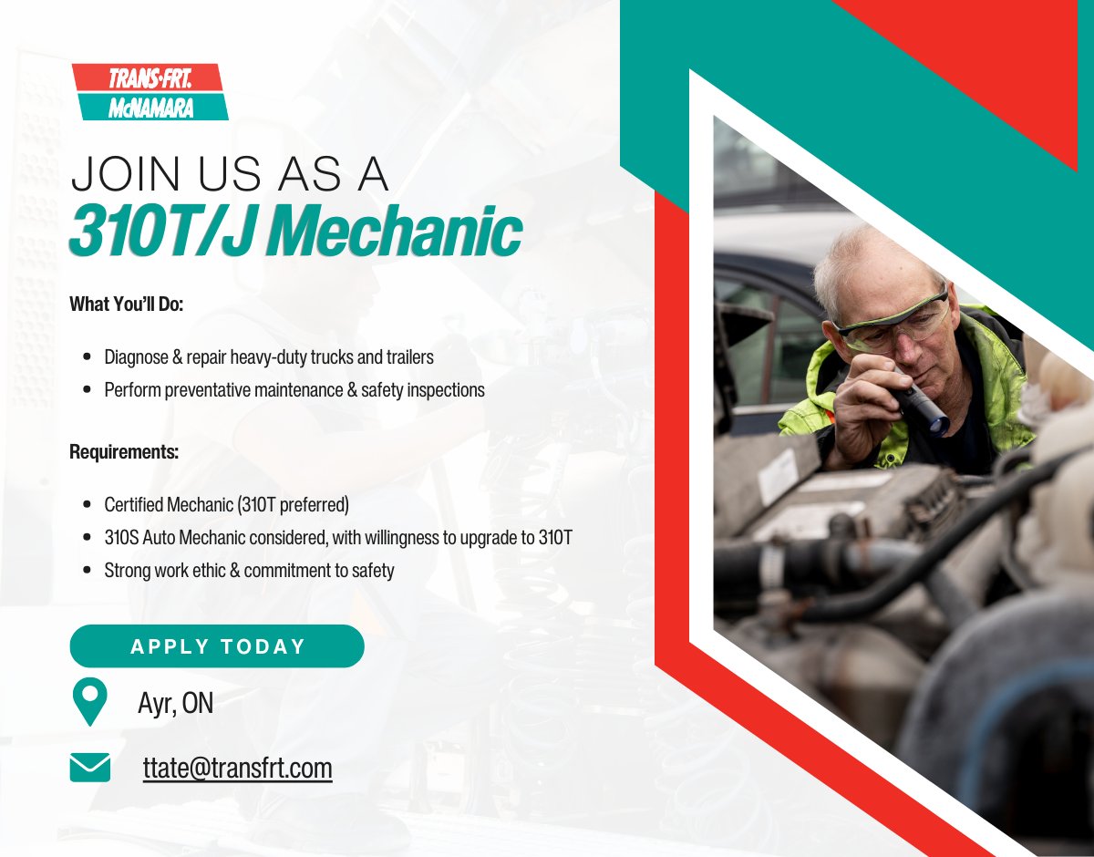 TransFrt's tweet photo. We’re hiring! 🚀

Trans‑Frt McNamara is looking for a skilled 310T/J Mechanic to join our team in Ayr, ON.

📩 Apply today: ttate@transfrt.com

#Hiring #NowHiring #MechanicJobs #310TMechanic #310JMechanic #HeavyDutyMechanic #TruckMechanic #DieselMechanic #SkilledTrades https://t.co/vyCgZtgIoy