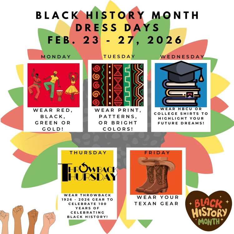 HumbleISD_ACE's tweet photo. We’re celebrating Black History Month all week long 🖤❤️💛💚
From cultural colors to college dreams, our Dress Days (Feb. 23–27) honor the past, present, and future ✨ https://t.co/1KFN33pv3B