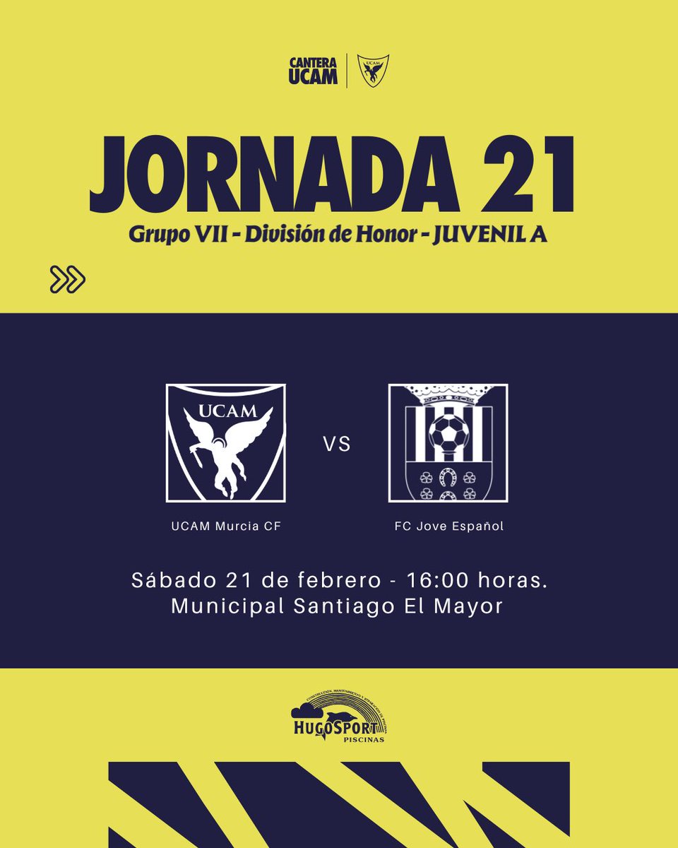 📌 𝐉𝐔𝐕𝐄𝐍𝐈𝐋 𝐀 | 𝐒𝐢𝐠𝐮𝐢𝐞𝐧𝐭𝐞 𝐫𝐞𝐭𝐨:

🏆 Jornada 21 - G.VII División de Honor.
📅 Sábado 21 de febrero.
🆚 <a href="/jovesanvicente/">C.D. Español de San Vicente</a>.
⌚️ 16:00h. 
🏟️ Mpal. Santiago El Mayor. 
💙 Entrada GRATUITA. 

⭐️ 𝐏𝐢𝐬𝐜𝐢𝐧𝐚𝐬 𝐇𝐮𝐠𝐨𝐒𝐩𝐨𝐫𝐭

#UCAMMurciaJoveEspañol | #CanteraUCAM