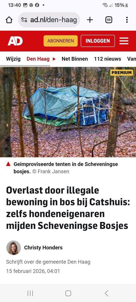 Scheveningse bosjes dat is vlakbij het koninklijke paleis op het Noordeinde in Den Haag.. Zoveel mogelijk illegale "tentjes" in de buurt van Jetten, Bontenbal en Yesilgoz hun huis
