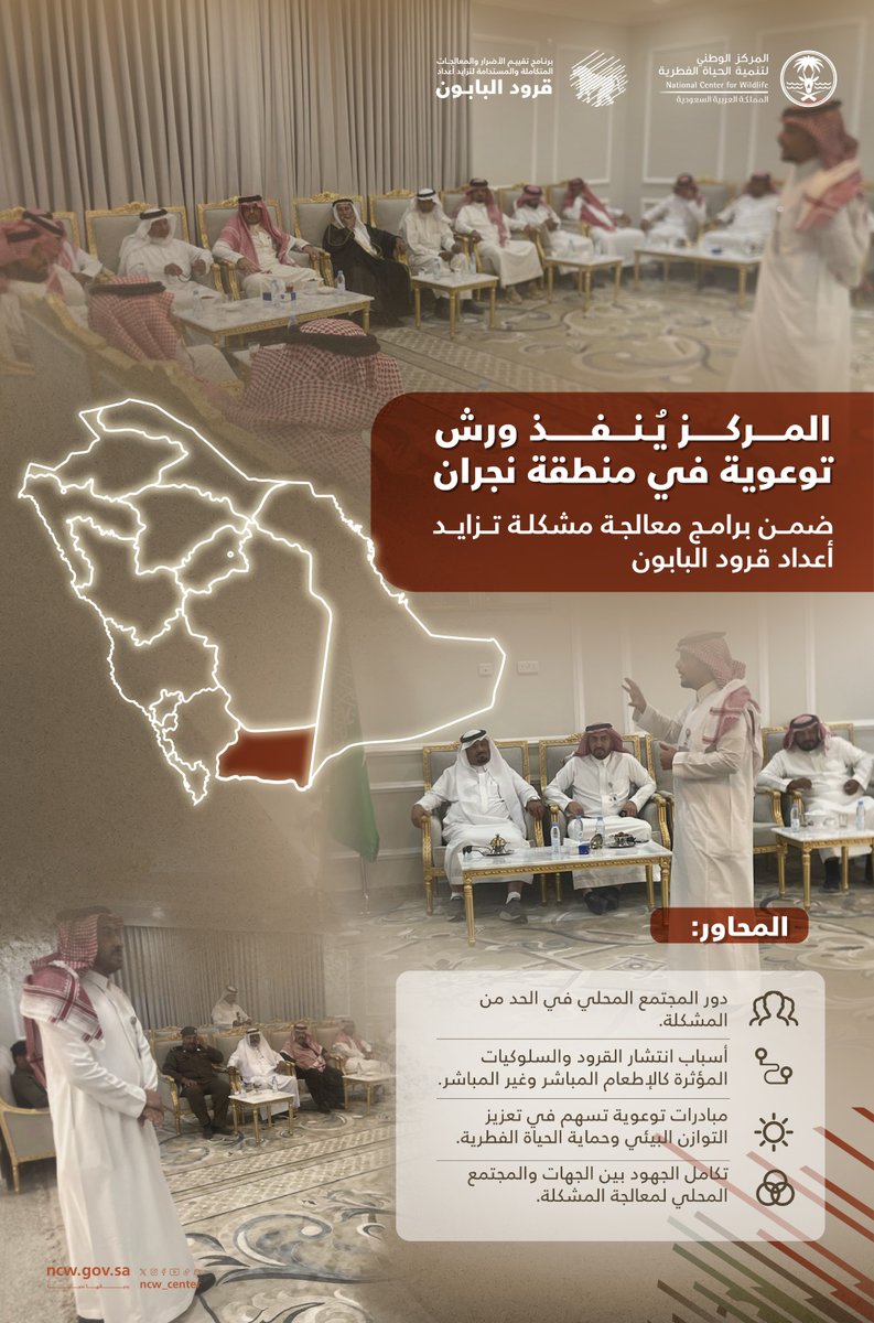 NCW_center's tweet photo. المركز يُنظم ورش عمل توعوية في عدد من المحافظات بمنطقة نجران، لتعزيز دور المجتمع المحلي في جهود معالجة تزايد أعداد قرود البابون ومواجهة آثارها البيئية https://t.co/tYVYohZVyF