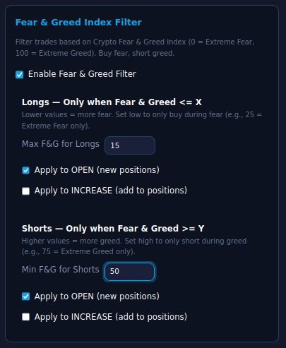 🚨 NEW FEATURE ALERT

Your copytrader now reads the room. 📊

Introducing the Fear &amp; Greed Index Filter:

  - Only open longs when Fear &amp; Greed is low (buy the fear)
  - Only open shorts when Fear &amp; Greed is high (short the greed)
  - Separate controls for opening new positions