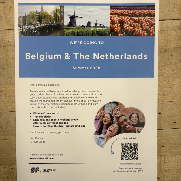 Reminder: meeting tonight at 5:30 in the High School library to discuss and answer any questions about the Belgium and Netherlands FFA trip. If you can't make it and have questions please contact Mr Rankin.
We are excited to offer this trip to our students.
See you there!