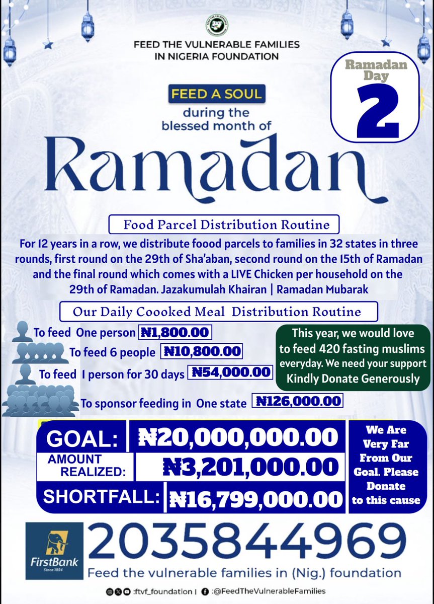 BintaFatima16's tweet photo. If Allah [swt] has blessed you, please donate to this cause. 人 feed indigent muslims

₦1,800 provides sahur/iftar to 1 fasting muslim
₦3,600 provides 1 fasting muslim with Sahur &amp; Iftar
Donate ₦126,000 to sponsor a state i.e Feed 70 fasting muslims

2035844969
First Bank Plc https://t.co/mFpK99gEx3