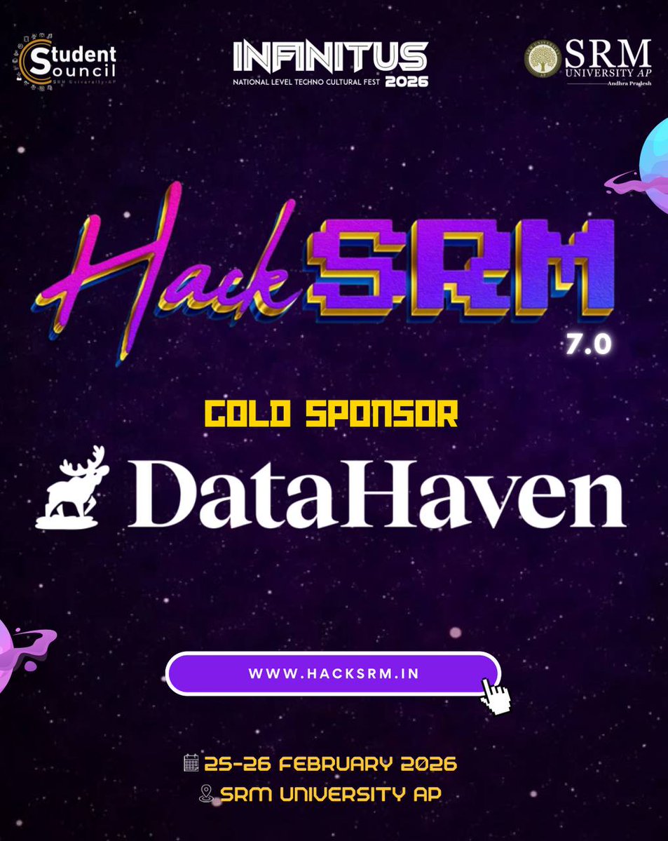 We proudly welcome <a href="/DataHaven_xyz/">DataHaven 🫎</a> as our Gold Sponsors!

With a shared vision for innovation and next-gen Web3 infrastructure, this collaboration sets the stage for an exciting and high-impact edition of HackSRM 7.0
📍 25–26 February 2026
📍 SRM University-AP, Amaravati

#SRMUAP