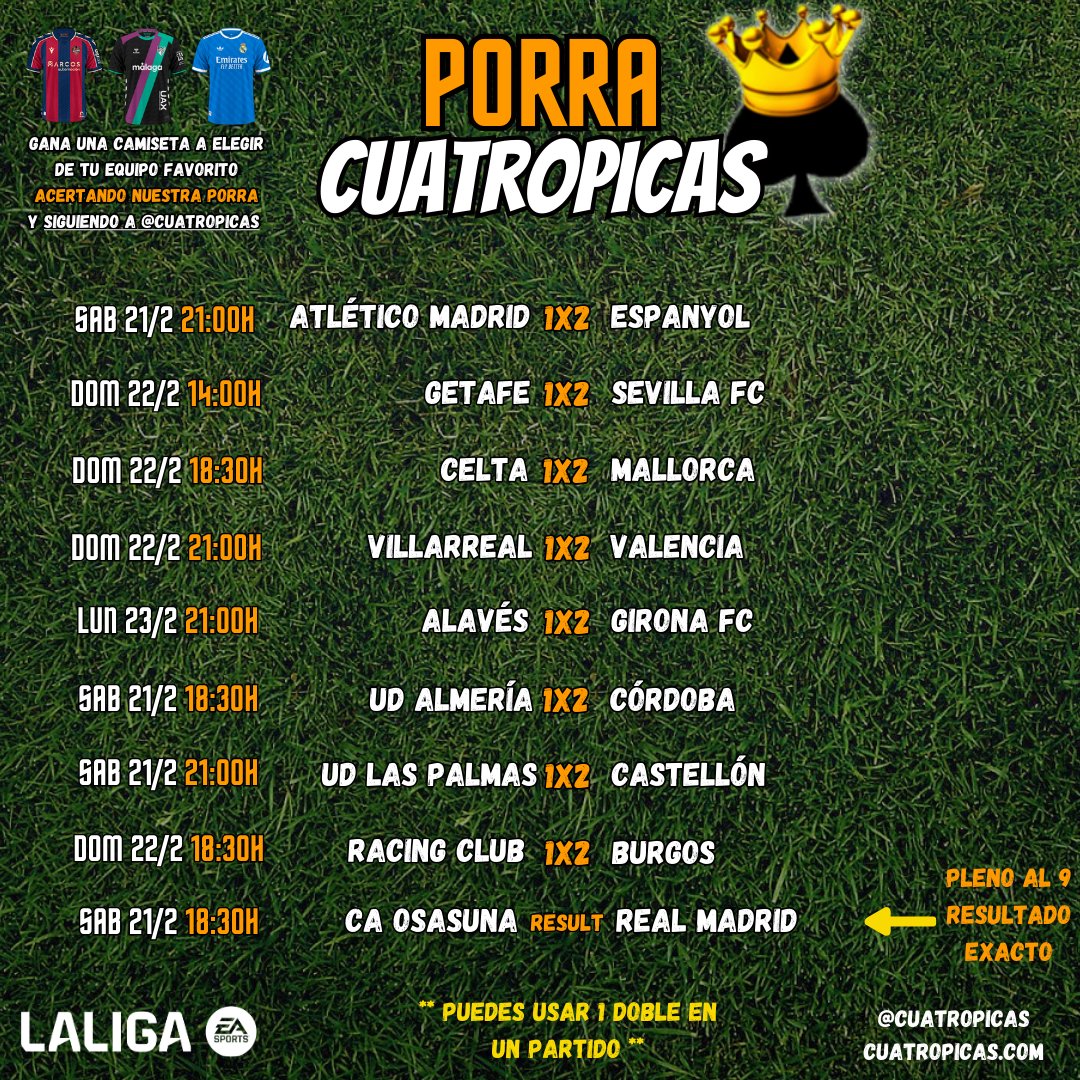 ♠️♠️♠️♠️

Vamos con la #Porra4Picas 🎯 de esta semana.

Acierta los 9 resultados y gana una camiseta 👕🎁 a tu elección. 

Recuerda: 8 resultados a 1X2 🎲 (puedes usar un Doble) y el "Pleno al 9" con el resultado exacto 🧐