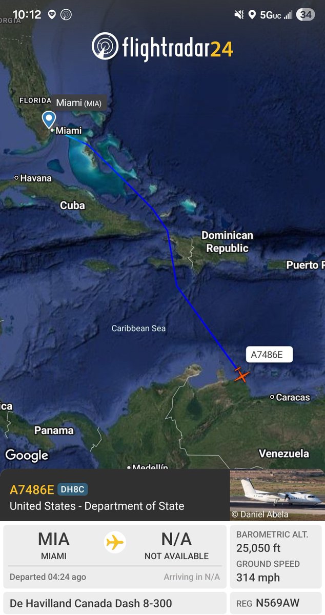 Borrowed7Time's tweet photo. US State Dept Dash 8-300 N569AW #A7486E departed Miami, destination Caracas.
@sipjack1776 @LadyAstroJet @LatAmMilMVMTs https://t.co/AdZIJlKwpF
