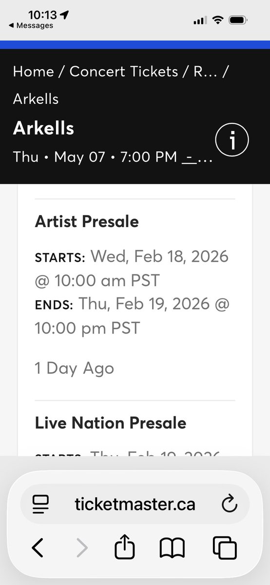 vanislemike's tweet photo. @arkellsmusic @TMFanSupport @livenationwest 
Presale until 10pm. Why can’t I buy tickets? It’s currently Feb 19, 10am. Pre sale sold out? https://t.co/HkwcMELjm7