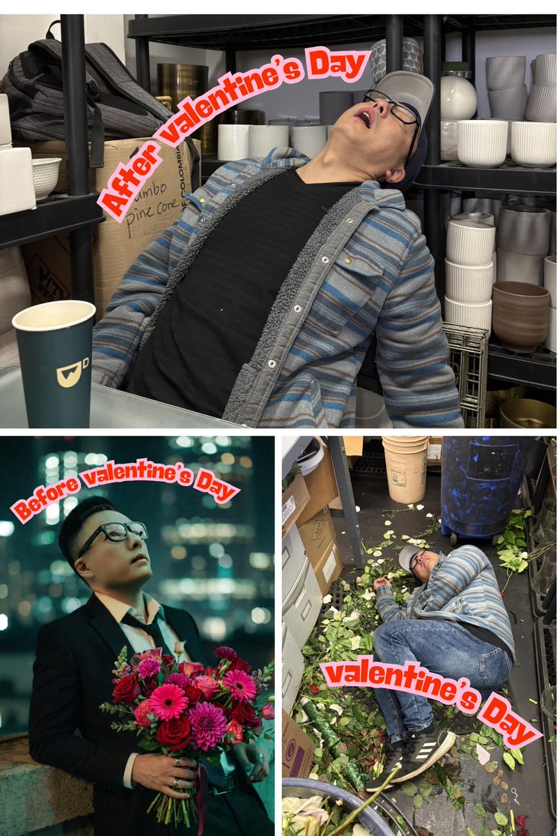 Valentine’s Day: Florist Edition

Before: Cute &amp; confident. ✨ During: "Why is the floor giving me emotional support?" 🫠 After: My soul checked out 3 arrangements ago. 💤
Happy Valentine’s Day! To the florists who survived the madness… we see you. 
#FloristLife #ValentinesDay