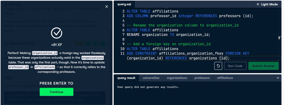 Queen_Aishah1's tweet photo. Day 10 of ##30daysofDataChallengewithDCA
Today I tackled Foreign Keys!
- 1:N relationships — one record linking to many
- N:M relationships — many records linking to many
And also,learnt how to reference columns to maintain data integrity
#DCDonates #DCA @DataFestAfrica #DE https://t.co/4b4Xnu9M2X