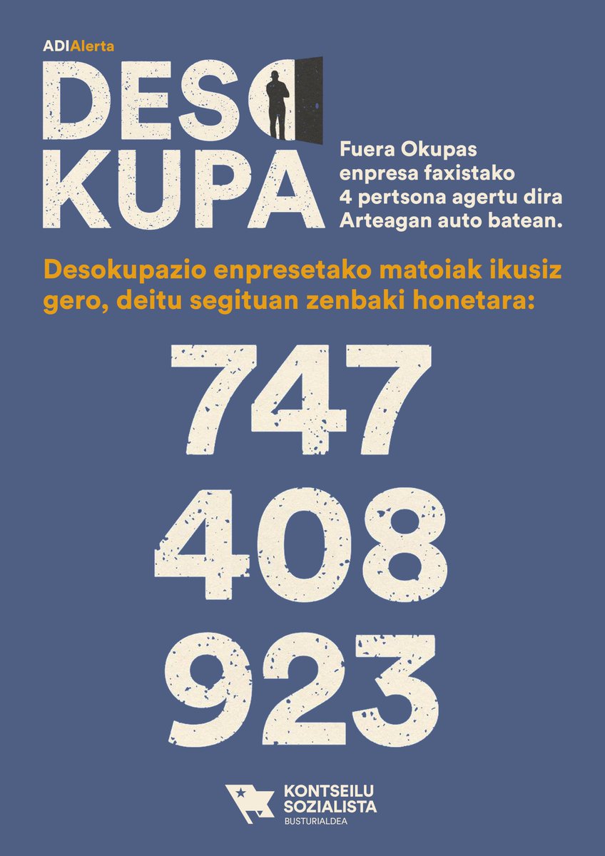Kontseilua_Bust's tweet photo. ⚠️⚠️⚠️ADI⚠️⚠️⚠️

Fuera Okupas enpresa faxistako  4 pertsona agertu dira Arteagan, posible da etxeren bat etxegabetzen egotea inguruko edozein herritan. 

Adi ibili! Faxismoari aurre egin. https://t.co/qaKD8zGqav