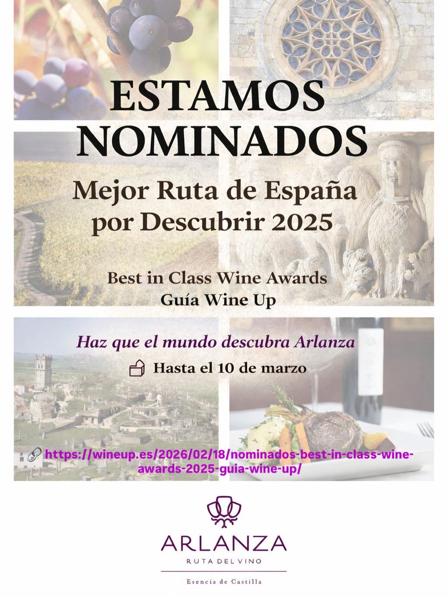 RutaVinoArlanza's tweet photo. ✨ Estamos de Enhorabuena✨

La #rutadelvinoarlanza opta a Mejor Ruta de España por Descubrir 2025 en los Best in Class Wine Awards de la Guía Wine Up 🏆🍷

🗳️ Participa hasta el 10 de marzo
🔗 https://t.co/WLwcyTefoz https://t.co/JdUpWpSFlJ
