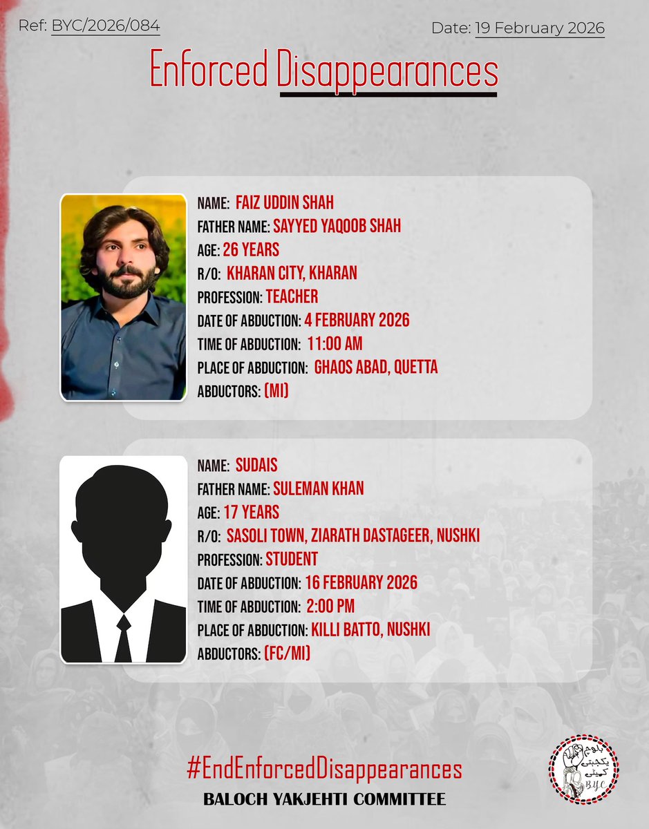 BalochYakjehtiC's tweet photo. 𝗘𝗻𝗱 𝗘𝗻𝗳𝗼𝗿𝗰𝗲𝗱 𝗗𝗶𝘀𝗮𝗽𝗽𝗲𝗮𝗿𝗮𝗻𝗰𝗲𝘀!

#EndEnforcedDisappearances
#StopBalochGenocide https://t.co/Ei6pA3hSws