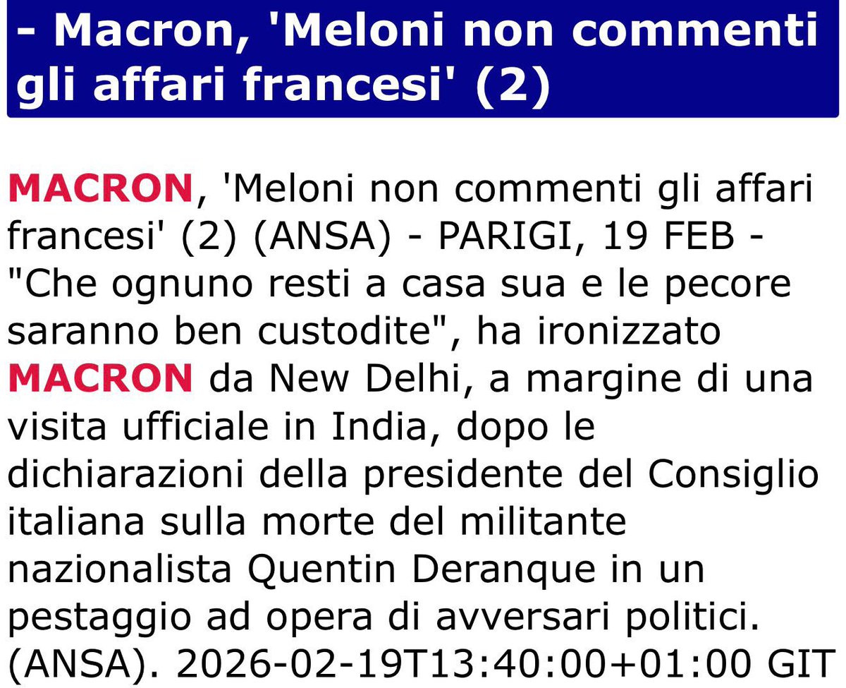 Il presidente #Macron dichiara di essere indispettito dal fatto che la presidente italiana Meloni mostra pubblicamente compassione per la tragica morte di #Quentin. 
Un ragazzo francese di 23 anni massacrato dagli antifascisti vicini al partito di sinistra La France Insoumise. 
E