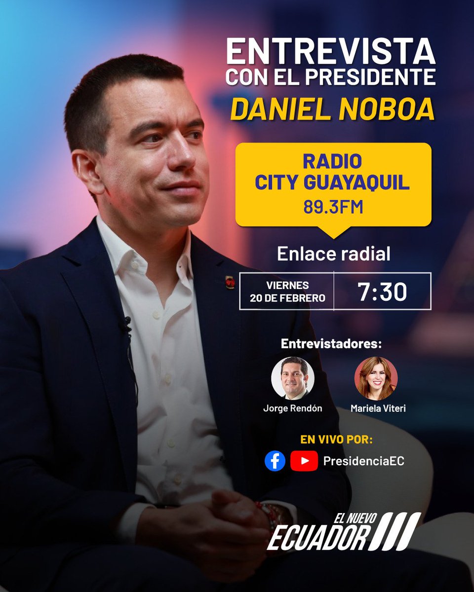 Conéctate a la entrevista del presidente <a href="/DanielNoboaOk/">Daniel Noboa Azin</a>, mañana 20 de febrero, a partir de las 07:30, en Radio City Guayaquil.