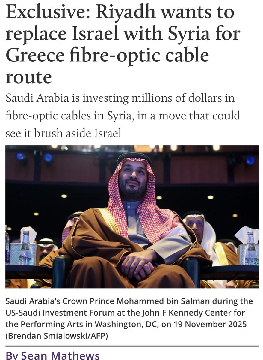 1. Scoop: Saudi Arabia wants a fiber optic cable project with Greece initially envisioned to run through Israel to be diverted through Syria. 🧵