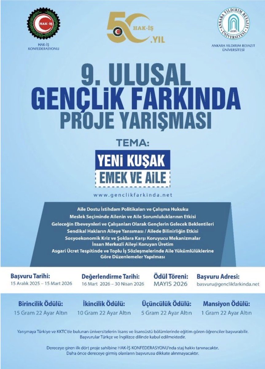 pltcnn's tweet photo. Tüm lisans ve lisansüstü öğrencilere hatırlatma! 
HAK-İŞ Konfederasyonu ve Ankara Yıldırım Beyazıt Üniversitesi iş birliğiyle düzenlenen 9. Ulusal Gençlik Farkında Proje Yarışması bu yıl “Yeni Kuşak: Emek ve Aile” temasıyla gençleri düşünmeye ve üretmeye davet ediyor!!! https://t.co/BKzfWL5EOU