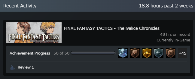 Vayatir's tweet photo. Did this late last year but didn't post: I 100%'d Final Fantasy Tactics on Steam.

Game is still a timeless treasure that holds up amazingly well. The voice cast knocked it out of the park with this rerelease. https://t.co/hO51bPoiWU