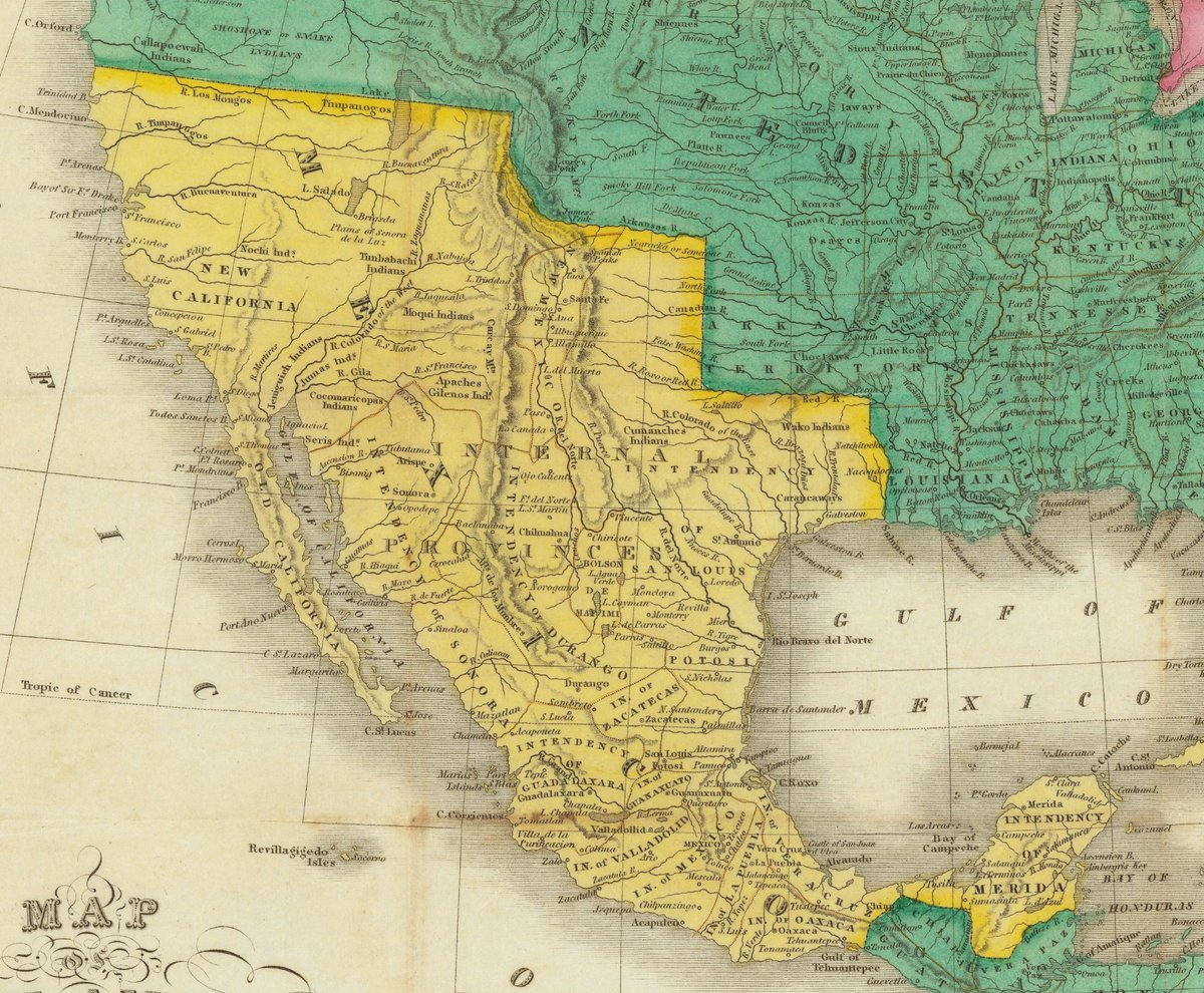 Mapa de México 🇲🇽 en 1827
Como muchos de la época, aún muestra una división política virreinal: aparecen Provincias Internas, Intendencias y un Chiapas muy centroamericano.

Para ese año, ya existían los estados (desaparecidas las intendencias) y Chiapas ya se había unido a