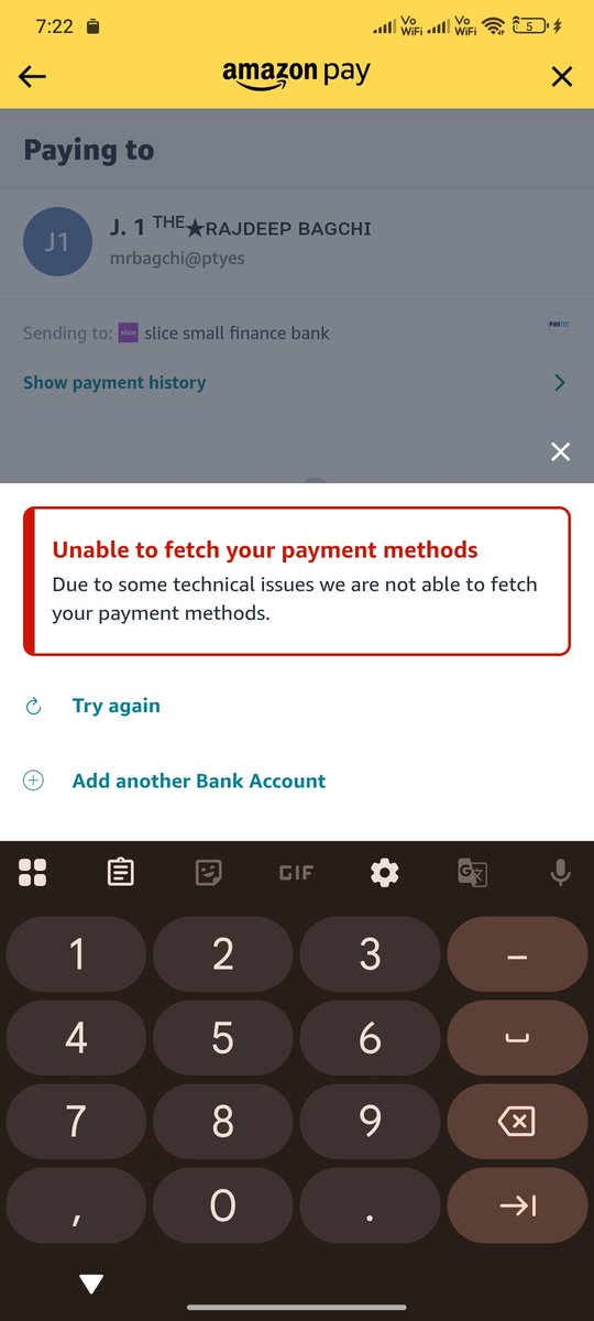 XRajdeepBagchi's tweet photo. @AmazonHelp @amazonIN My Amazon Pay UPI is not deregistering and saved bank/credit cards are not showing during checkout ("Unable to fetch payment methods"). L1 &amp; L2 support closed my tickets falsely claiming it's resolved! Please look into this immediately. #AmazonPay https://t.co/twrzj3fYVR