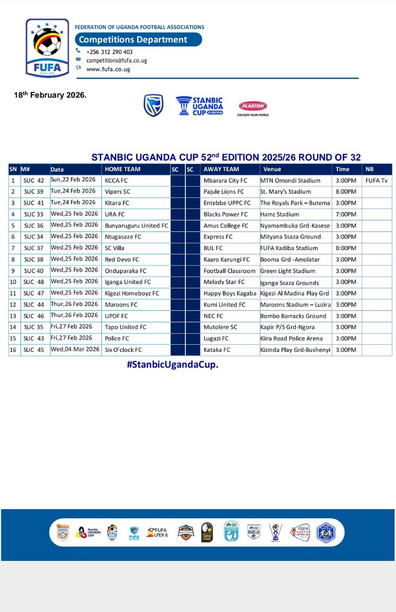 oduk_smartboy's tweet photo. Stanbic @FUFAUgandaCup 52nd Edition (2025/26) – Round of 32 shines under the floodlights!

Tuesday, 24 Feb 2026: @VipersSC vs Pajule Lions FC (8PM).

Wednesday, 25 Feb 2026: @URAFC_Official vs @BlacksPowerFC (7PM).

Midweek nights, bright lights, and high-stakes knockout football https://t.co/T3PMNdf2iw