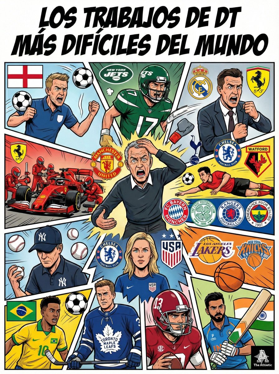🔥 Según <a href="/TheAthleticFC/">The Athletic | Football</a>, estos son los trabajos de DT más difíciles del mundo del deporte:

🏴󠁧󠁢󠁥󠁮󠁧󠁿 Selección de Inglaterra (Fútbol).
🏈 New York Jets (NFL).
🇪🇸 Real Madrid (Fútbol).
🏎️ Ferrari (Team Principal - F1).
🏴󠁧󠁢󠁥󠁮󠁧󠁿 Manchester United (Fútbol).
🏴󠁧󠁢󠁥󠁮󠁧󠁿 Tottenham (Fútbol).
🏴󠁧󠁢󠁥󠁮󠁧󠁿 Chelsea