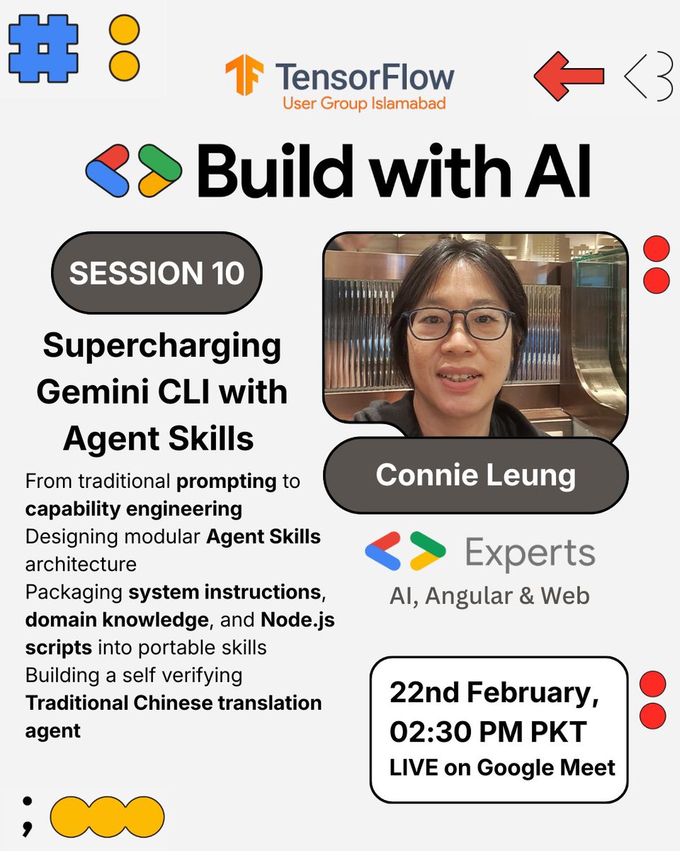 TFUGIslamabad's tweet photo. Join us for Session 10 of Build with AI!

🗣 Guest Speaker: Connie Leung
(Google Developer Expert in AI, Angular &amp; Web Technologies)

🔓 Session Topic: Supercharging Gemini CLI with Agent Skills

🔗 Registration Link: https://t.co/iiRPm66dSb

#BuildwithAI #TFUGIslamabad https://t.co/xggzZTGonO