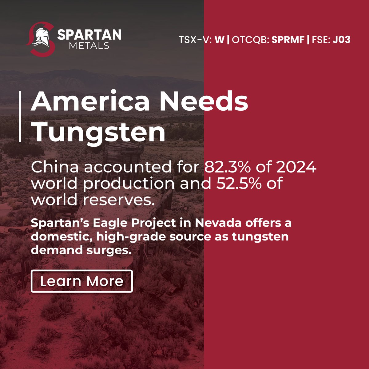 Global tungsten demand is rising, and the U.S. remains heavily import-reliant.

Discover more about Spartan Metals: spartanmetals.com

#Tungsten #CriticalMinerals #NevadaMining $W $W.v $SPRMF #J03