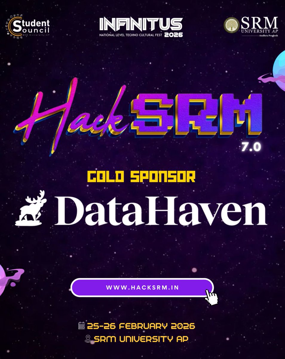 We proudly welcome " DataHaven "as the Gold Sponsor for HackSRM 7.0.

With a shared vision for innovation and next-gen Web3 infrastructure, this collaboration sets the stage

We look forward to build together at HackSRM 7.0.

📍 25–26 February 2026
📍 SRM University-AP, Amaravati