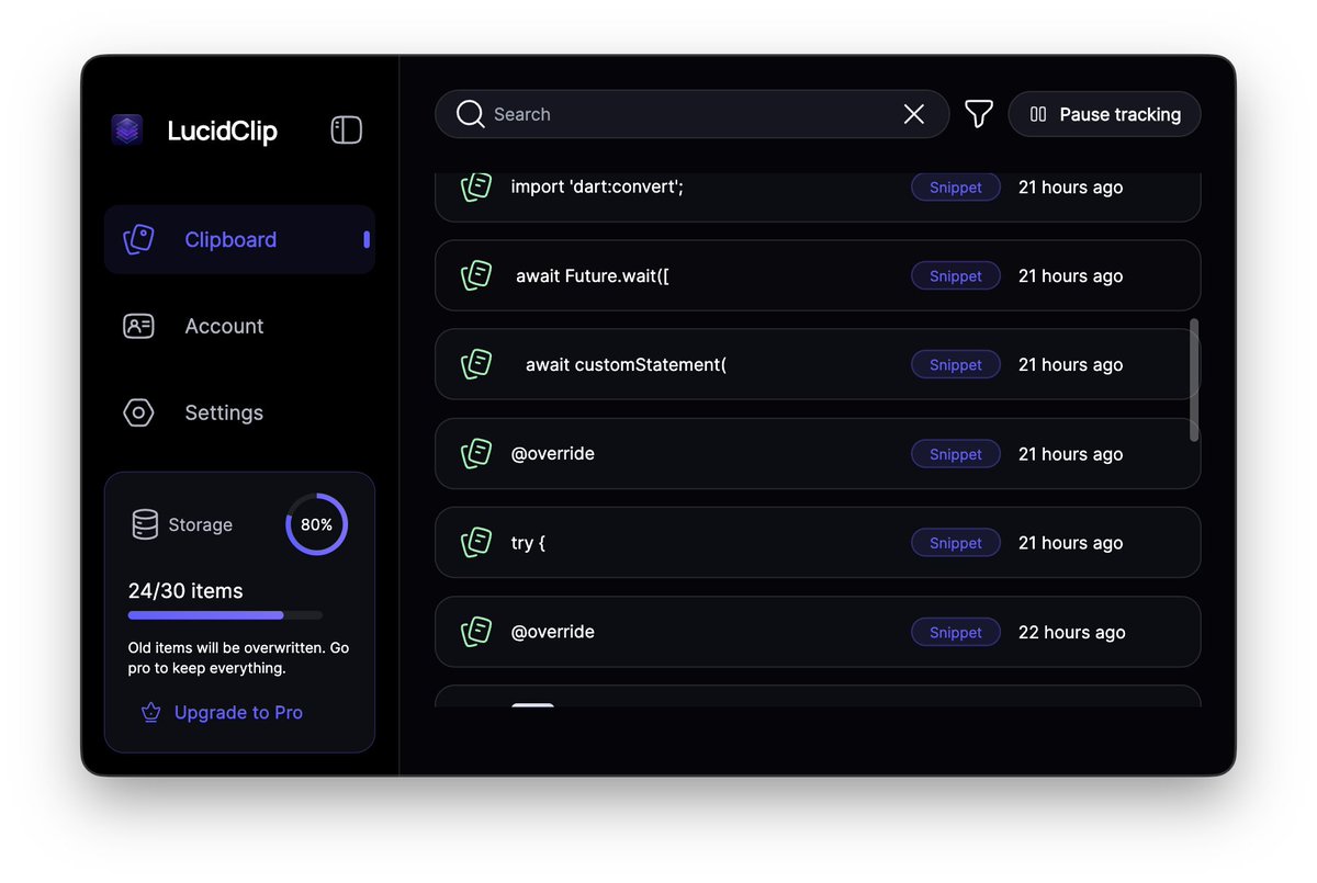 enthusiastDev's tweet photo. 🎉 I'm excited to officially launch LucidClip 🎊.

A privacy-first Desktop clipboard manager built as local infrastructure, not a utility.

Your clipboard becomes persistent, searchable, and reliable.

Download → https://t.co/F2FOnUKu0G

Proudly built with Flutter! 
(macOS available, Windows coming soon)

#macOS #Productivity #Privacy #Developers #BuildInPublic #FlutterDev @FlutterDev