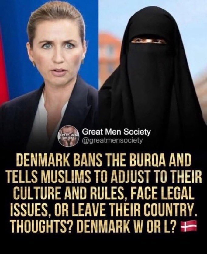 PsyGuy007's tweet image. 🇩🇰 Le Danemark INTERDIT le port de la burqa et demande aux musulmans de S’ADAPTER à sa culture et à ses règles, de faire face à d’éventuels problèmes juridiques ou de QUITTER le pays.

🗣️ Êtes-vous d’accord avec le Danemark ?

A. OUI
B. NON