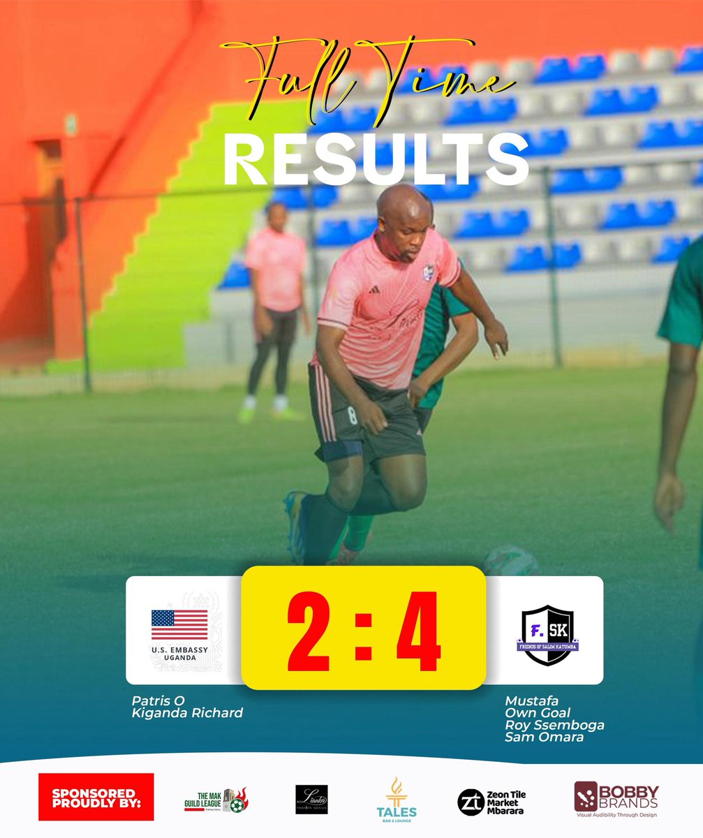 FULL TIME!  An action-packed game ends with F.SK taking the win over U.S. Embassy Uganda. 

🇺🇸 U.S. Embassy Uganda 2 - 4 F.SK 
⚽ Patris O , Kiganda Richard (US EMBASSY)
 ⚽ Mustafa, Roy Ssemboga, Sam Omara, Own Goal.