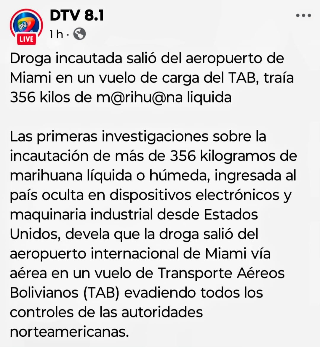 Con total impunidad y ante el silencio del gobierno,  #EEUU está llenando de marihuana líquida a Bolivia. Nuevamente se descubrió un cargamento, ahora, de 456 kilos de droga norteamericana.

La “importación” de la droga estadounidense, otra vez, fue a través del aeropuerto Viru