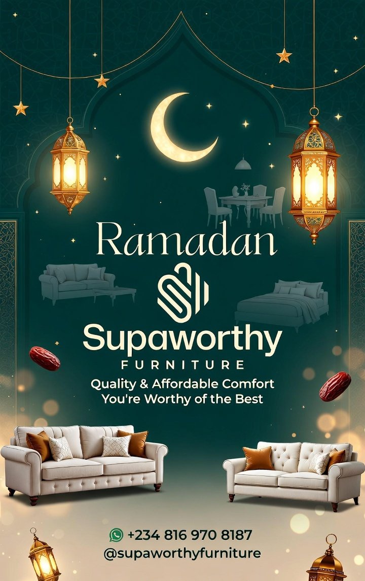 SupaWorthy's tweet photo. Wishing all our customers a blessed Ramadan! 🌙

May this holy month bring peace, joy, and renewal to your homes and hearts.

Visit Supaworthy Furniture for stylish and comfortable pieces to make your Eid celebrations extra special 😊

Ramadan #iftar fasting #SupaWorthy_Furniture https://t.co/fRIGeXpALr