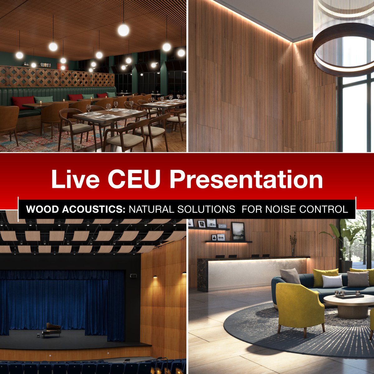 🪵Join us March 12 at 2:00 PM EDT for a live CEU on Wood Acoustics. 

Explore the acoustic behavior of wood and how they can be applied in your spaces to help control noise while maintaining strong visual appeal. 

👉Register today: hubs.ly/Q043R8p20

#CEU #RAX #Acoustics