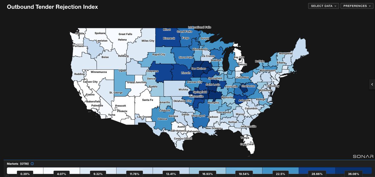 This is an insane map of tender rejections by region. 

We haven't seen a map like this since 2021. 

Activity in auto, energy, and rust-belt equipment manufacturing is having a hell of a rebound in 2026.