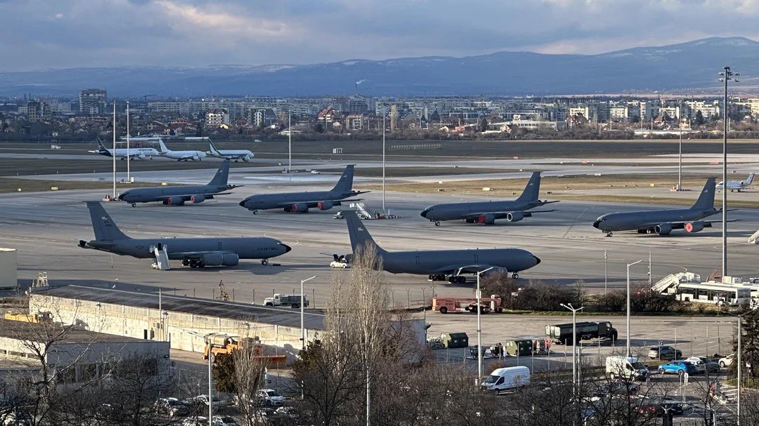 U.S. forces have turned Sofia International Airport in Bulgaria into a major staging ground for aerial refueling tankers to support future strikes on Iran. 

Seen here, a half dozen KC-135s parked on the ramp yesterday evening: